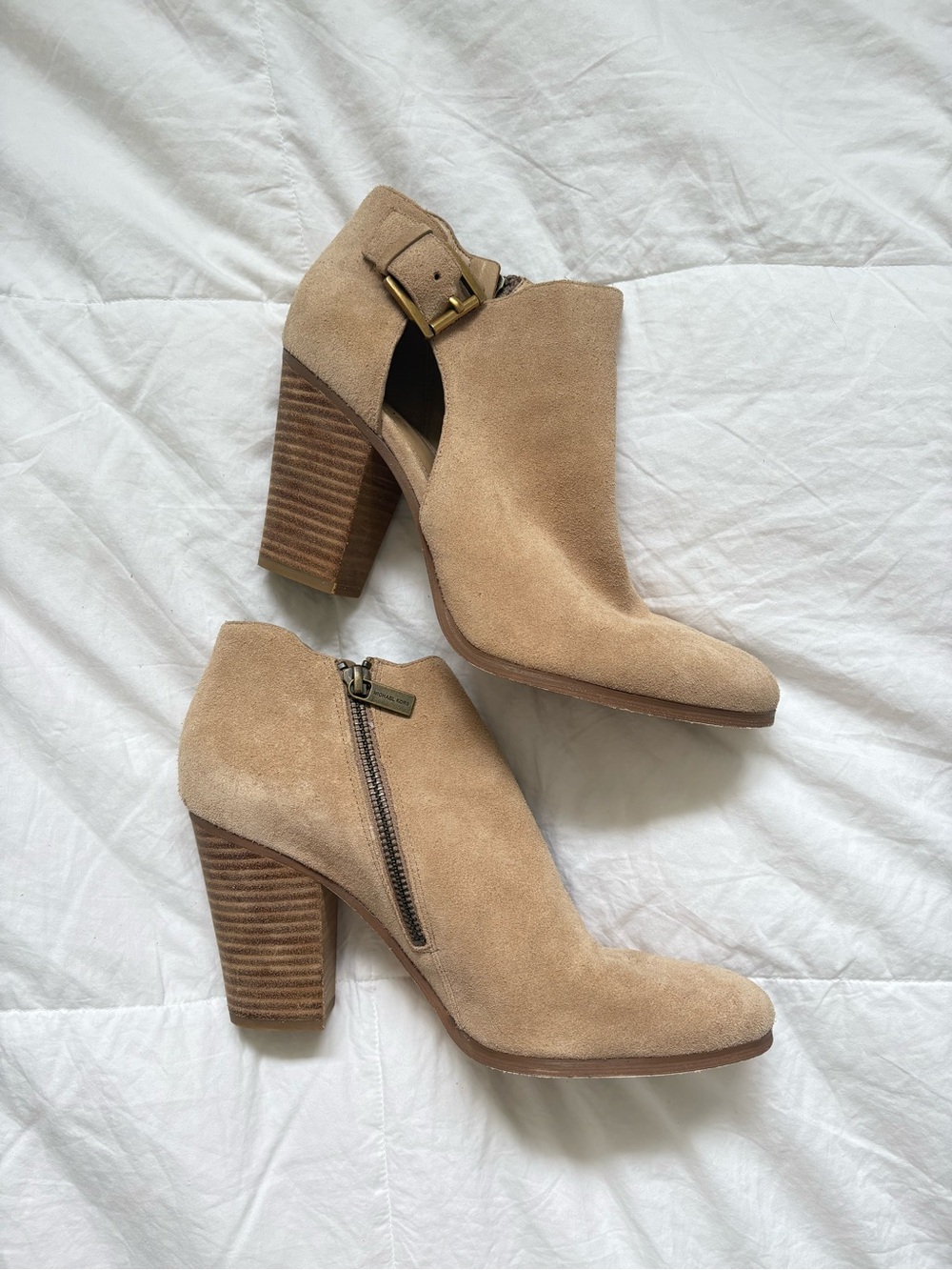 Michael Kors Tan Suede Cutout Ankle Booties with Stacked Heel